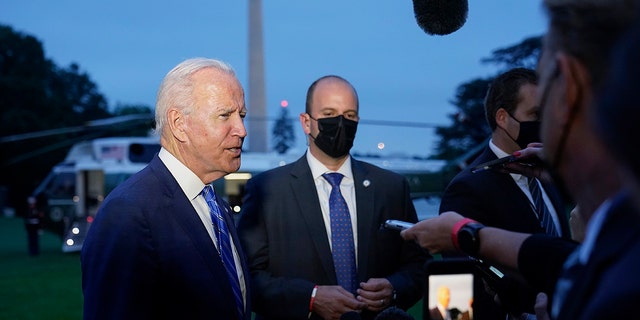 President Joe Biden speaks with reporters after returning to the White House in Washington on Tuesday, October 5, 2021, after a trip to Michigan to promote his infrastructure plan.  (AP Photo / Susan Walsh)