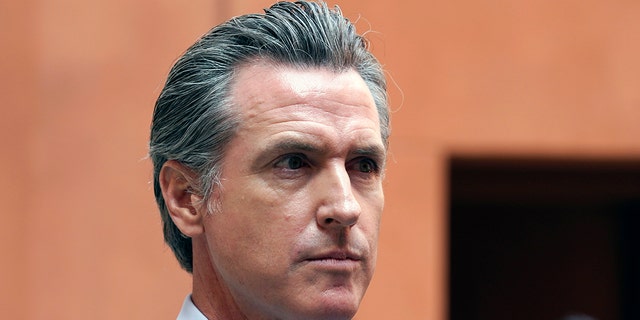 California Gov. Gavin Newsom listens to a question while meeting with reporters.