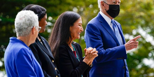 President Biden and Interior Secretary Deb Haaland during a White House event on Oct. 8, 2021.
