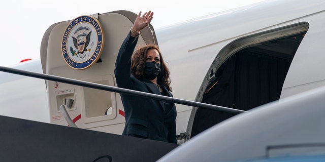 Vice President Kamala Harris boards Air Force Two in Newark, New Jersey, Friday, Oct. 8, 2021, to return to Washington.