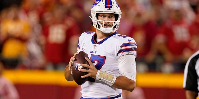 Buffalo Bills quarterback Josh Allen drops back to pass during the first half of an NFL football game against the Kansas City Chiefs Sunday, Oct. 10, 2021, in Kansas City, Mo. (AP Photo/Charlie Riedel)
