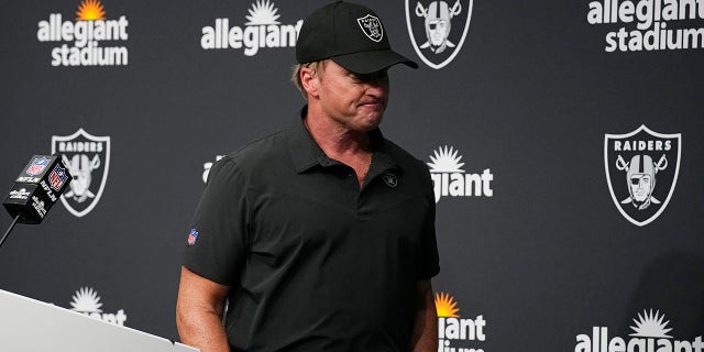 Las Vegas Raiders head coach Jon Gruden leaves after speaking during a news conference after an NFL football game against the Chicago Bears in Las Vegas, in this Sunday, Oct. 10, 2021, file photo.