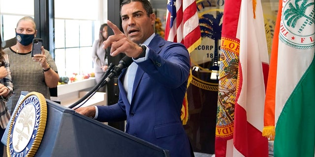 Miami Mayor Francis Suarez speaks during a news conference at Miami City Hall on Tuesday. Suarez took questions on Miami police Chief Art Acevedo who was suspended with the intention of firing after a tumultuous six-month tenure. (AP Photo/Lynne Sladky)