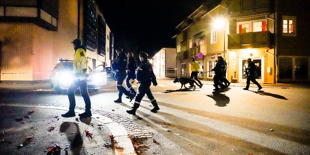 Police attend the scene after an attack in Kongsberg, Norway on Wednesday, October 13, 2021. 