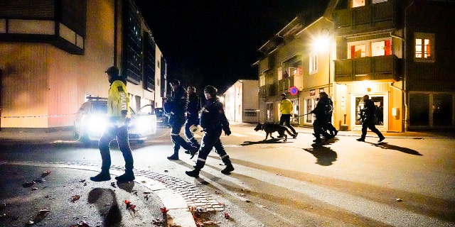 Police walk at the scene after an attack in Kongsberg, Norway, Wednesday, Oct. 13, 2021. Several people have been killed and others injured by a man armed with a bow and arrow in a town west of the Norwegian capital, Oslo. (Hakon Mosvold Larsen/NTB Scanpix via AP)