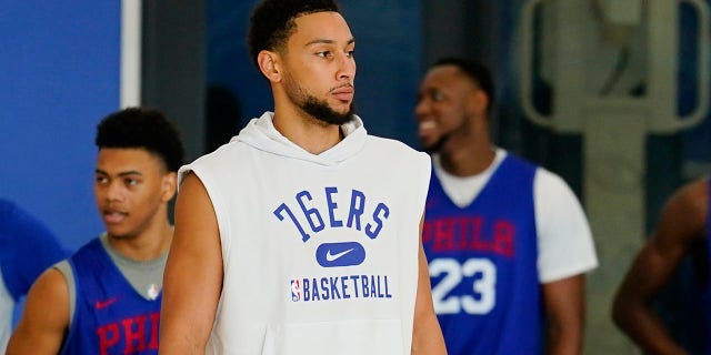 Philadelphia 76ers' Ben Simmons takes part in a practice at the NBA basketball team's facility, Monday, Oct. 18, 2021, in Camden, New Jersey. (AP Photo/Matt Rourke)