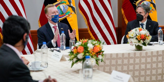 US Secretary of State Antony Blinken listens to US Ambassador to Ecuador Michael J. Fitzpatrick during a meeting with human rights organizations and civil society in Quito, Ecuador on Tuesday, October 19, 2021 (Santiago Arcos / Pool via AP)