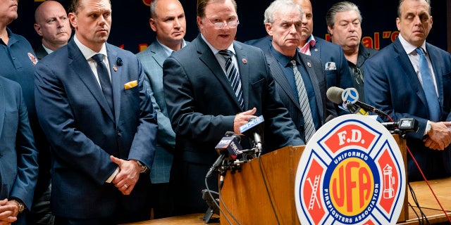 Andrew Ansbro, FDNY Uniformed Firefighters Association President, speaks during a news conference to address a newly announced COVID-19 vaccine mandate, Wednesday, Oct. 20, 2021, in New York. (AP Photo/John Minchillo)