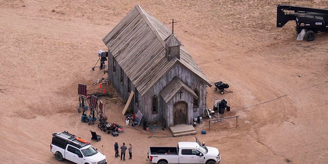 This aerial photo shows the Bonanza Creek Ranch in Santa Fe, New Mexico, Saturday, Oct. 23, 2021. Actor Alec Baldwin fired a prop gun on the set of a Western being filmed at the ranch on Thursday, Oct. 21, killing the cinematographer, officials said. 