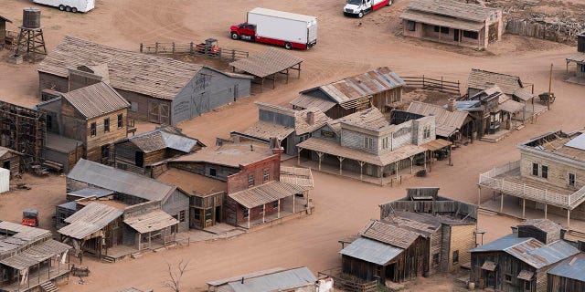 This aerial photo shows the Bonanza Creek Ranch in Santa Fe, N.M., Saturday, Oct. 23, 2021.
