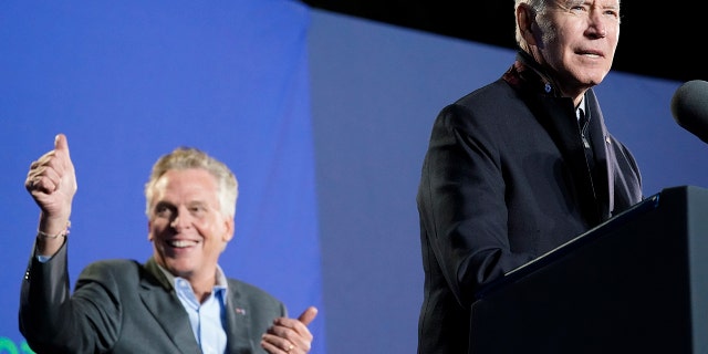 President Biden speaks at a meeting of the Democratic gubernatorial candidate, former Virginia Gov. Terry McAuliffe, on Tuesday, October 26, 2021 in Arlington, Virginia.