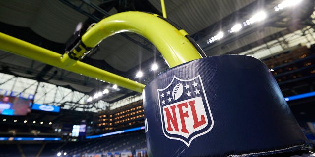 FILE - An NFL logo is displayed on a goal post during an NFL preseason game between the Buffalo Bills and Detroit Lions in Detroit.