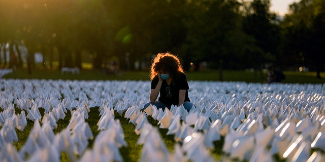 Zoe Nassimoff, of Argentina, looks at white flags that are part of artist Suzanne Brennan Firstenberg's temporary art installation, "In America: Remember," in remembrance of Americans who have died of COVID-19, on the National Mall in Washington, Sept. 17, 2021.