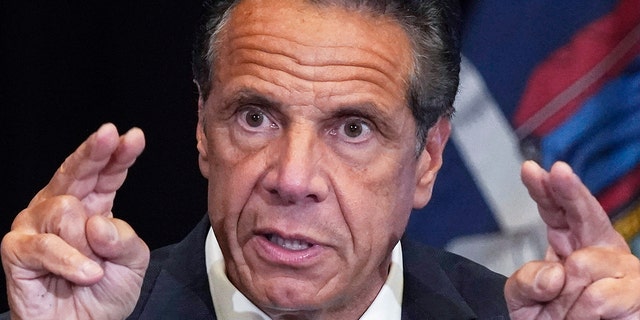 FILE - New York Gov. Andrew Cuomo speaks during a news conference at New York's Yankee Stadium, a luglio 26, 2021. 