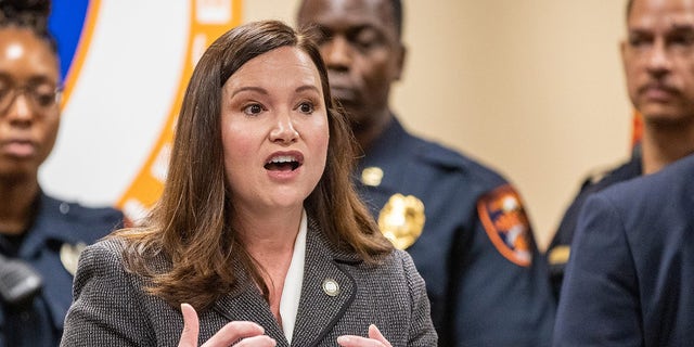 Florida Attorney General Ashley Moody visits the Lakeland Police Department to announce a hiring bonus for new Florida police officers at the Lakeland Police department in Lakeland, Florida.