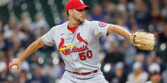 St. Louis Cardinals starting pitcher Adam Wainwright throws to the Milwaukee Brewers during the first inning of a baseball game Thursday, Sept. 23, 2021, in Milwaukee.