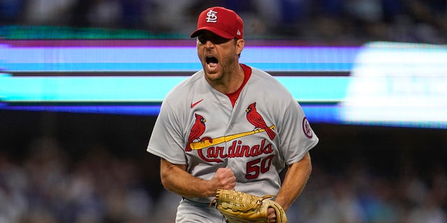 St Louis Cardinals starting pitcher Adam Wainwright reacts after Los Angeles Dodgers' Trea Turner played on a doubles during the third innings of a National League Wild Card play-off baseball game on Wednesday, October 6, 2021 in Los Angeles.