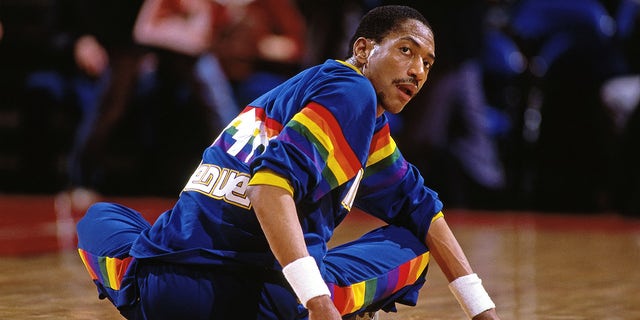 PORTLAND, OR - 1986: Alex English #2 of the Denver Nuggets stretches against the Portland Trail Blazers during a game played circa 1986 at the Veterans Memorial Coliseum in Portland, Oregon.