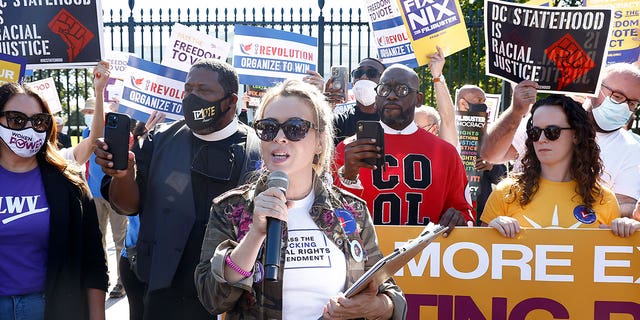 Actress and People For the American Way board member Alyssa Milano speaks at the "No More Excuses: Voting Rights Now" rally held in front of The White House on October 19, 2021 in Washington, DC.