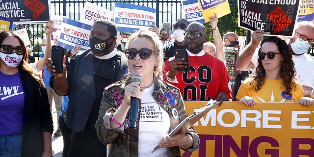 Actress and People For the American Way board member Alyssa Milano speaks at the "No More Excuses: Voting Rights Now" rally held in front of The White House on October 19, 2021 in Washington, DC.