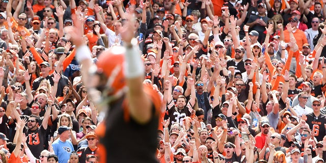CLEVELAND, OH - SEPTEMBER 8, 2019: Cleveland Browns fans and quarterback Baker Mayfield #6 of the Cleveland Browns celebrate after a rushing touchdown by Dontrell Hilliard in the first quarter of a game against the Tennessee Titans on September 8, 2019 at FirstEnergy Stadium in Cleveland, Ohio. Tennessee won 43-13.