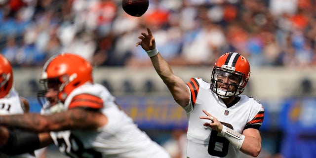 Cleveland Browns quarterback Baker Mayfield throws during the first half of a game against the Los Angeles Chargers Oct. 10, 2021, in Inglewood, Calif.