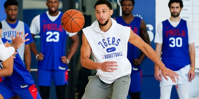 Philadelphia 76ers' Ben Simmons takes part in a practice at the NBA basketball team's facility, Monday, Oct. 18, 2021, in Camden, N.J.