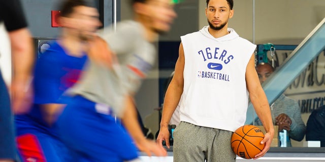 Philadelphia 76ers' Ben Simmons takes part in a practice at the NBA basketball team's facility, Monday, Oct. 18, 2021, in Camden, N.J.