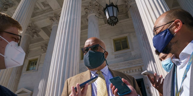 FILE - In this Sept. 24, 2021, file photo, Rep. Bennie Thompson D-Miss., chairman of the House Select Committee on the January 6th attack speaks with reporters outside the Capitol in Washington. (AP Photo/J. Scott Applewhite, File)