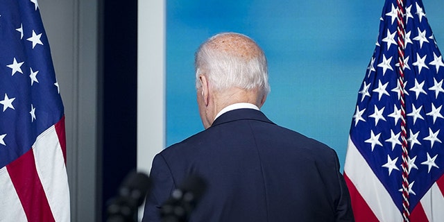 President Joe Biden departs following remarks in the Eisenhower Executive Office Building in Washington, D.C., on Thursday without taking questions. (Al Drago/Bloomberg via Getty Images)