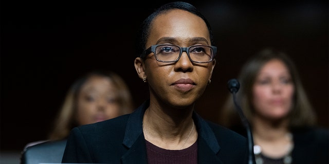 Judicial nominee Tiffany P. Cunningham prepares for her Senate confirmation hearing on Tuesday, May 26, 2021.