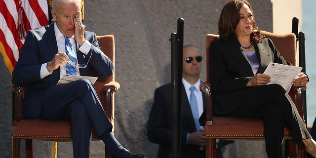 WASHINGTON, DC - OCTOBER 21: U.S. President Joe Biden (L) and Vice President Kamala Harris attend the 10th anniversary celebration of the Martin Luther King, Jr. Memorial near the Tidal Basin on the National Mall on October 21, 2021 in Washington, DC. Biden attended the memorial's dedication ceremony in 2011 with then President Barack Obama who delivered the keynote address. (Photo by Chip Somodevilla/Getty Images)