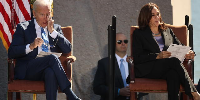 WASHINGTON, DC - OCTOBER 21: U.S. President Joe Biden (L) and Vice President Kamala Harris attend the 10th anniversary celebration of the Martin Luther King, Jr. Memorial near the Tidal Basin on the National Mall on October 21, 2021 in Washington, DC. Biden attended the memorial's dedication ceremony in 2011 with then President Barack Obama who delivered the keynote address. (Photo by Chip Somodevilla/Getty Images)