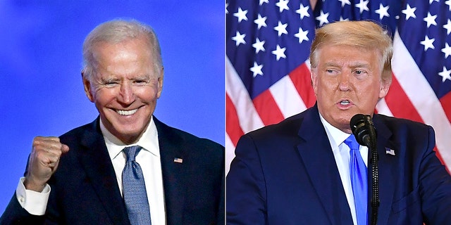 TOPSHOT - (BO) This combination of pictures created on November 4, 2020 shows Democratic presidential nominee Joe Biden gestures after speaking during election night at the Chase Center in Wilmington, 델라웨어, and US President Donald Trump speaks during election night in the East Room of the White House in Washington, DC, early on November 4, 2020. (Photos by ANGELA WEISS and MANDEL NGAN / AFP) (Photo by ANGELA WEISS,MANDEL NGAN/AFP via Getty Images)
