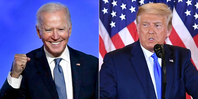 TOPSHOT - (COMBO) This combination of photos created on November 4, 2020 shows Democratic presidential candidate Joe Biden gesturing after speaking during election night at the Chase Center in Wilmington, Delaware, and US President Donald Trump speaking during election night in the East Room in the White House in Washington, DC, early November 4, 2020. (Photos by ANGELA WEISS and MANDEL NGAN / AFP) (Photo by ANGELA WEISS, MANDEL NGAN / AFP via Getty Images)