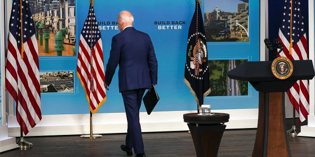 President Biden turned his back on reporters and walked away as they shouted questions that went unanswered on Friday following his remarks on a bleak September jobs report.  (Photo by Chip Somodevilla/Getty Images)