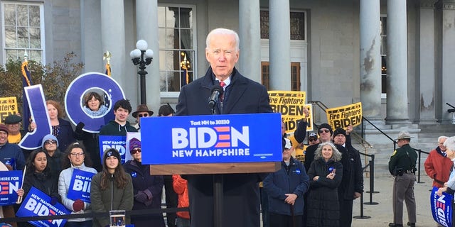 Then-former Vice President Joe Biden campaigning in front of the New Hampshire State House on Nov. 8, 2019, in Concord, NH