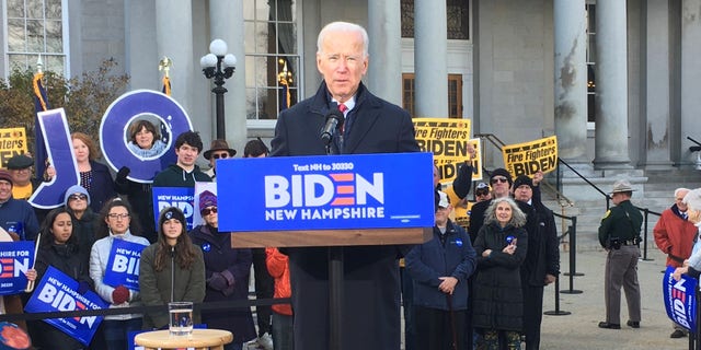 Then-former Vice President Joe Biden campaigning in front of the New Hampshire State House on Nov. 8, 2019, in Concord, NH