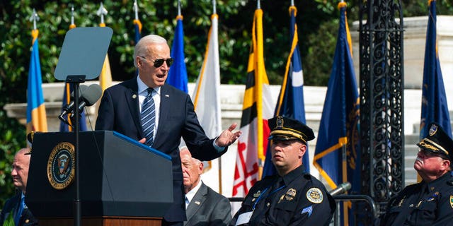 President Joe Biden speaks during a ceremony, honoring fallen law enforcement officers at the 40th annual National Peace Officers' Memorial Service at the U.S. Capitol in Washington, Saturday, Oct. 16, 2021. (AP Photo/Manuel Balce Ceneta)