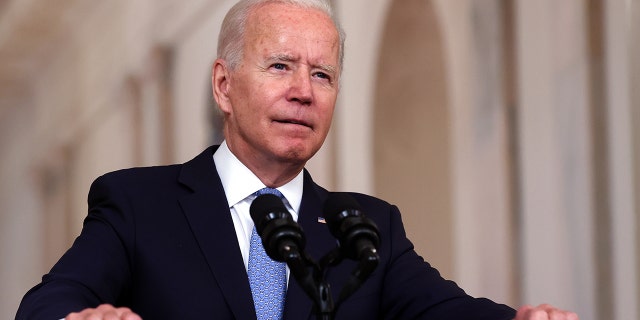 President Biden delivers remarks on the end of the war in Afghanistan from the State Dining Room at the White House on Aug. 31, 2021. 