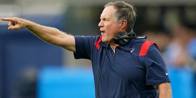 New England Patriots head coach Bill Belichick gives instructions from the sideline during the second half of an NFL football game against the Los Angeles Chargers Sunday, Oct. 31, 2021, in Inglewood, Calif.