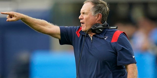 New England Patriots head coach Bill Belichick gives instructions from the sideline during the second half of an NFL football game against the Los Angeles Chargers Sunday, Oct. 31, 2021, in Inglewood, Calif.