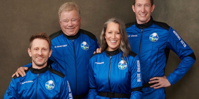 This undated photo that Blue Origin made available in October 2021 shows from left, Chris Boshuizen, William Shatner, Audrey Powers and Glen de Vries.  (Blue Origin via AP)