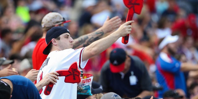 Atlanta Braves fans doing the "Tomahawk Chop" during the game against the Washington Nationals at Turner Field on Aug. 20, 2016 in Atlanta.