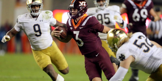 Virginia Tech's fourth-round Breston Burmster (3) will run in the second half of the NAA College football match at Blacksburg, Va, Saturday, October 9, 2021.