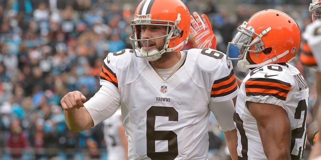 Brian Hoyer #6 of the Cleveland Browns celebrates after throwing for a touchdown against the Carolina Panthers during their game at Bank of America Stadium on Dec. 21, 2014, in Charlotte, North Carolina. The Panthers won 17-13.