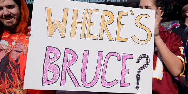 A fan holds a sign for Washington Redskins team president Bruce Allen in the first half during a game against the New York Giants at FedExField on Dec. 22, 2019 in Landover, Maryland.