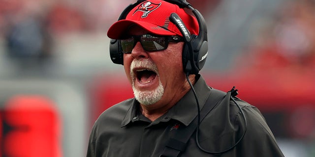 Tampa Bay Buccaneers head coach Bruce Arians questions an officials call against the Atlanta Falcons during the first half of an NFL football game Sunday, Sept.. 19, 2021, in Tampa, Fla.