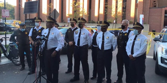 Chicago Police Superintendent David Brown talks to reporters about an officer who was shot in the face during a response call Monday.