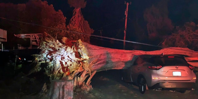 This photo released by the CAL FIRE San Mateo - Santa Cruz Unit shows one of three vehicles destroyed during a wind event in El Granada village in the coastal area of northern San Mateo County, California. 